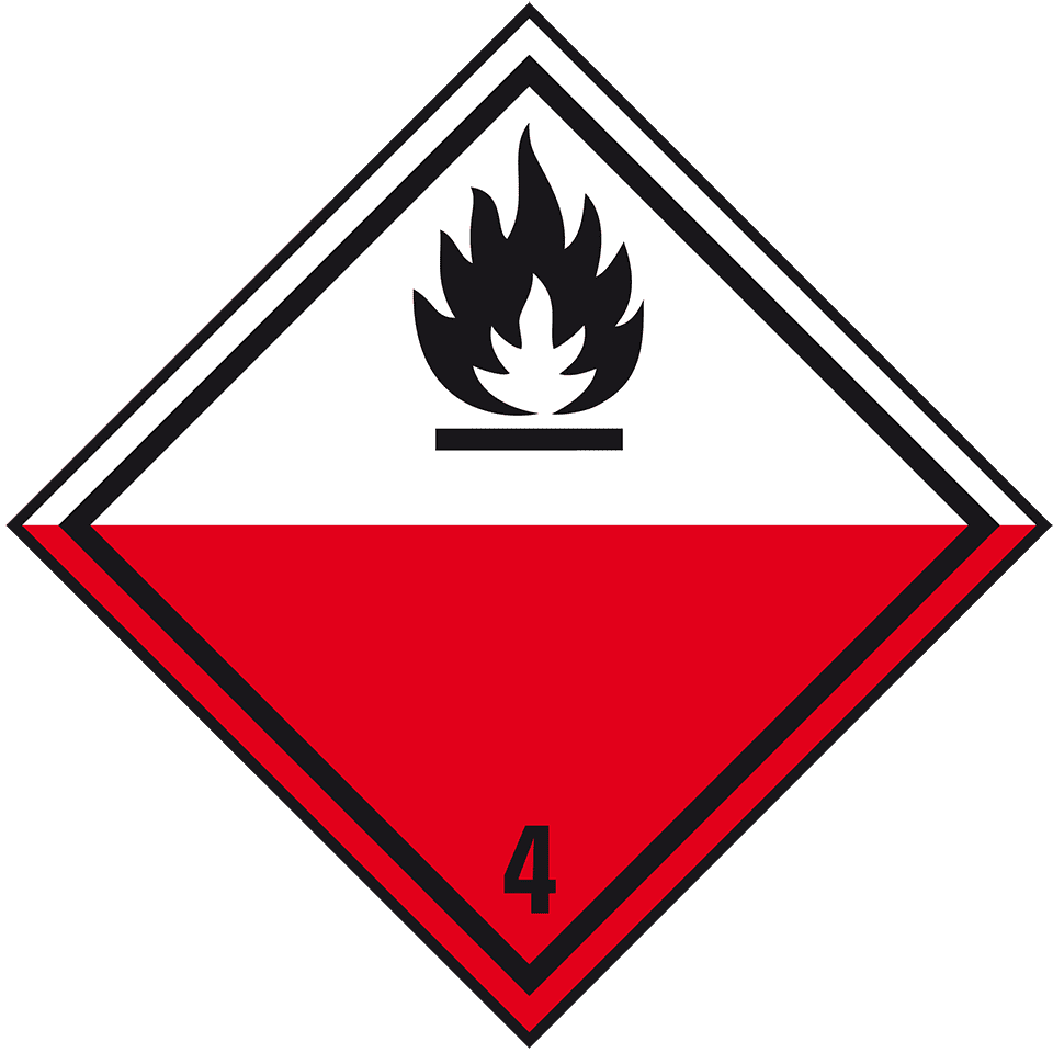 Klasse 4.2 ADR, voor zelfontbranding vatbare stoffen, vuur symbool, rood wit